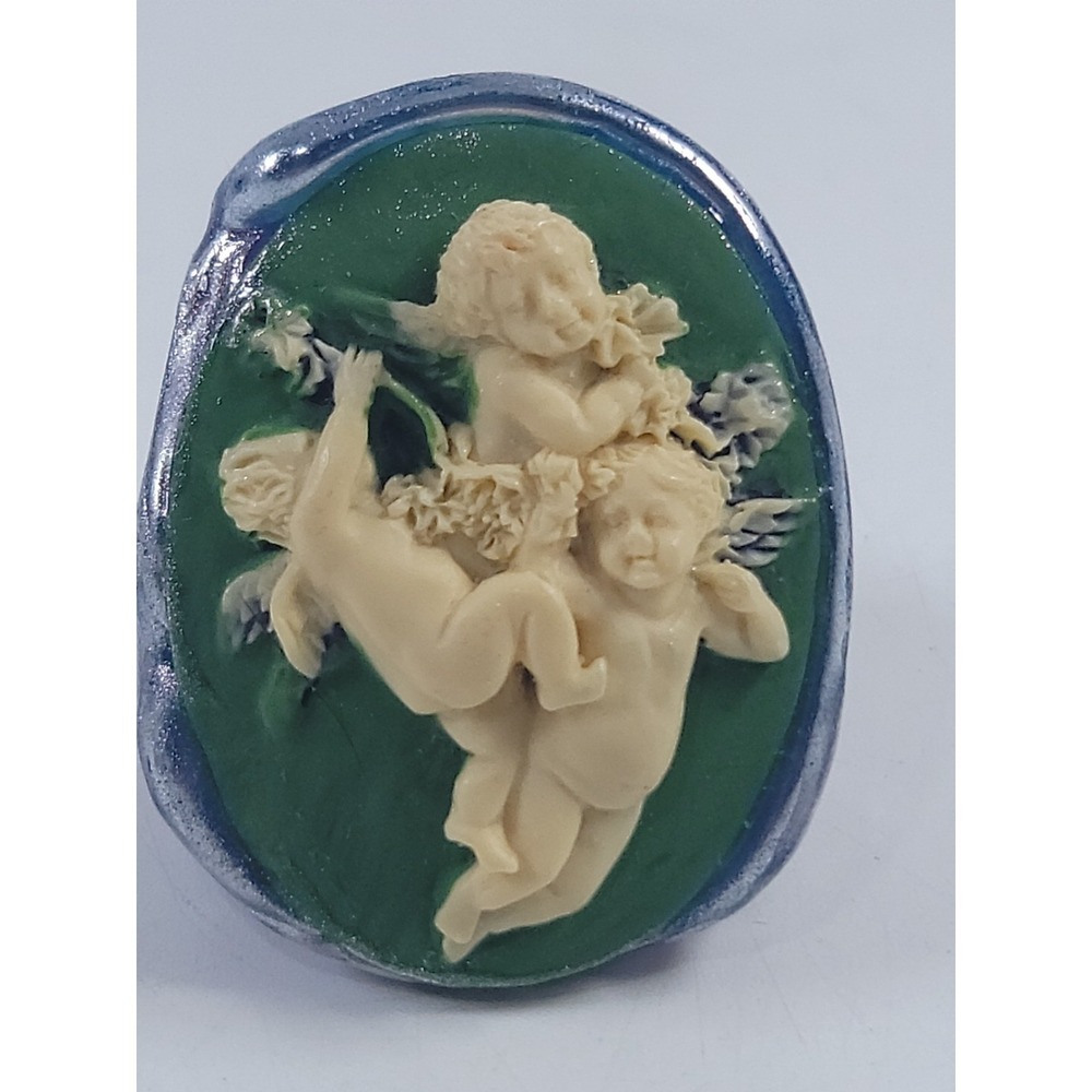 Carved Cherub Large Designer Ring Handmade Painted Ceramic Size 9 Unique Fashion